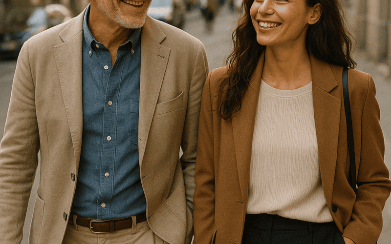 Smiling older man in a beige blazer with blue shirt walking beside a smiling younger woman in a camel blazer along a city street.