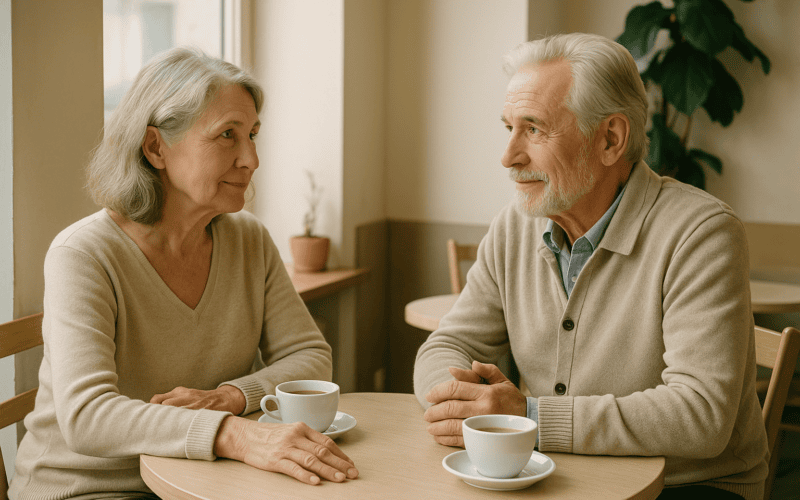 Two elderly adults sit at a round table in a cafe, sharing a calm conversation with cups of coffee nearby.