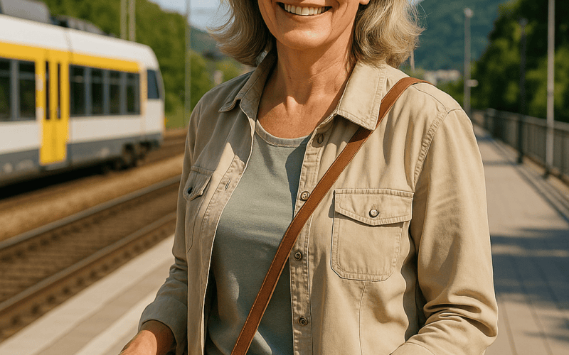 Smiling older woman at a train station with a rolling suitcase and a brown crossbody bag, blue jeans and a beige jacket under a clear sky.