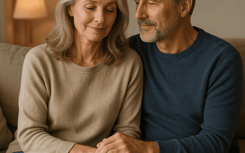Couple sitting closely on a sofa, holding hands and smiling softly in a cozy living room.