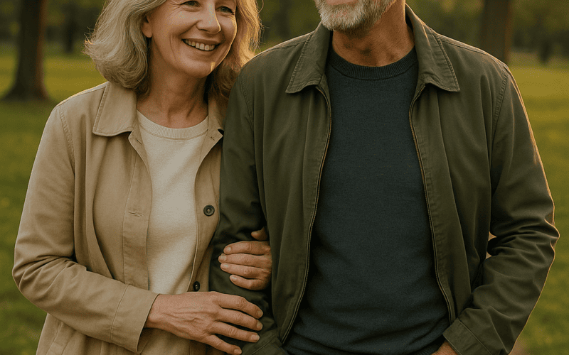 Smiling older couple walking arm in arm down a sunlit park path at golden hour.