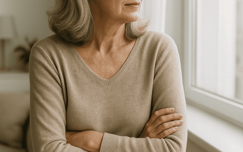 Older woman with silver hair sits at a wooden table by a window, arms folded, gazing thoughtfully outside with a cup of tea on a saucer in the foreground.