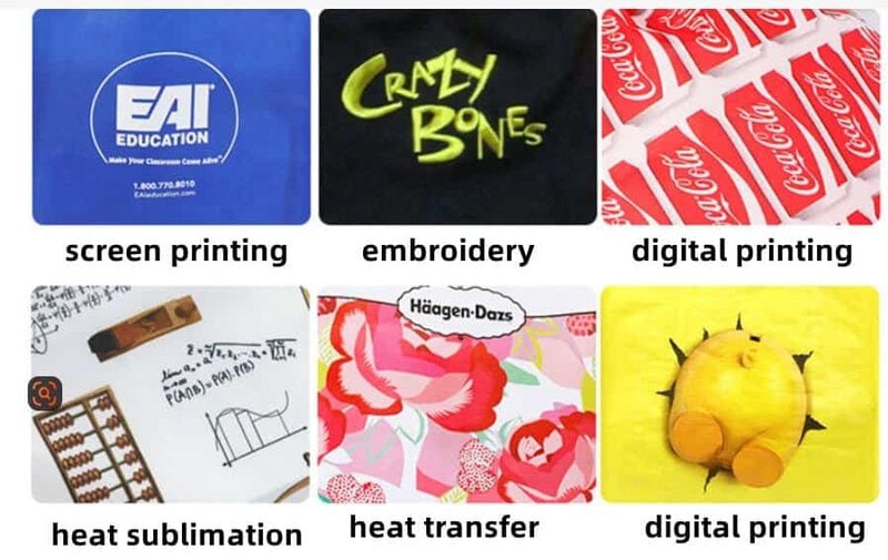 Custom tote bag branding methods including screen print, heat transfer, digital print and embroidery