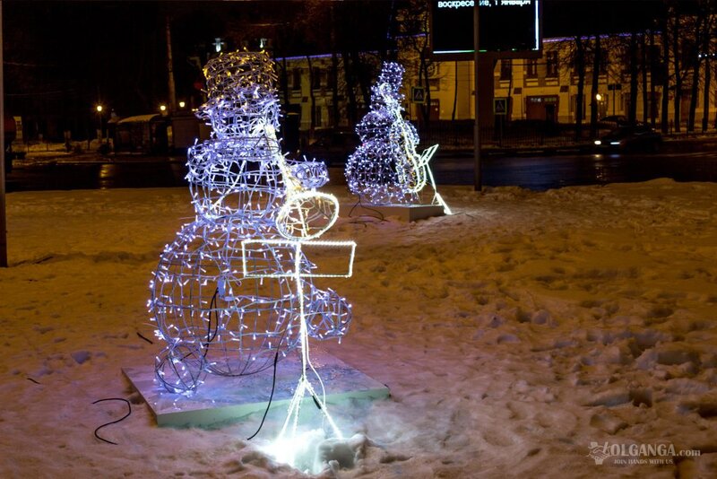 Snowman with trumpet on Red Square in Yaroslavl, New Year night 2017