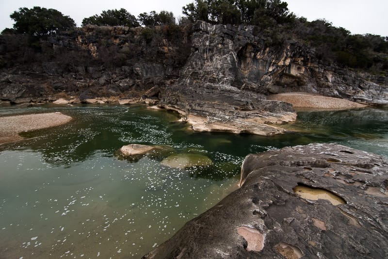 Bright green pools of water at Pedernales Falls State Park