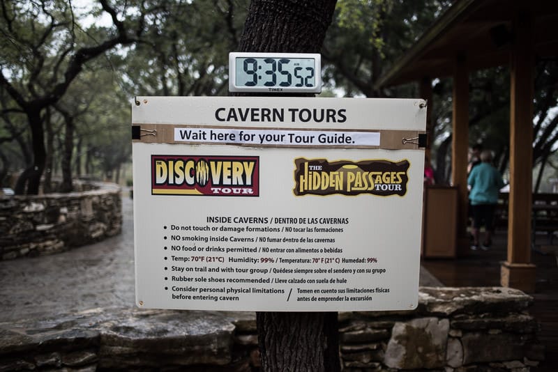 Sign showing the tour options at Natural Bridge Caverns and some rules