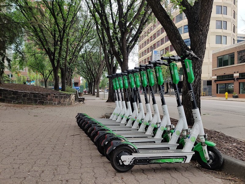 E-Scooters lined up in Edmonton park
