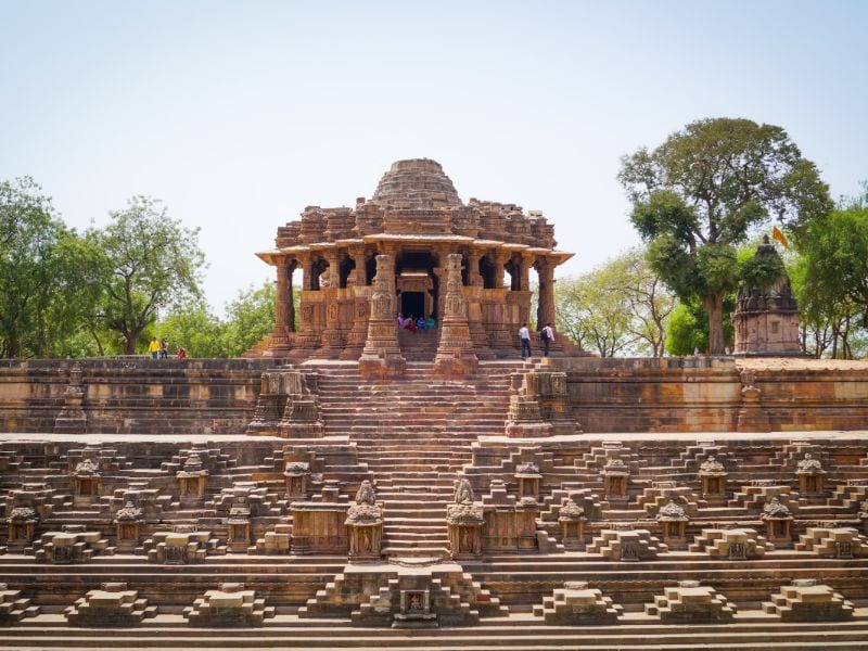 modhera sun temple in gujarat with stepwell and carved walls