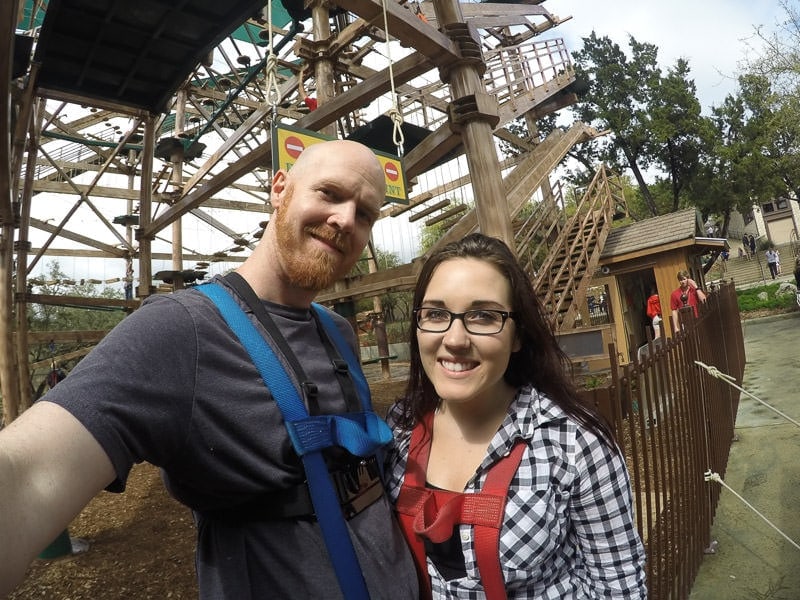 Brooke and Buddy preparing to go zip-lining