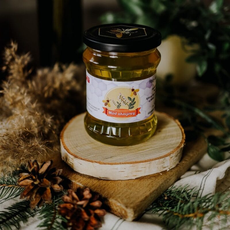 Miód akacjowy 600g – jasny, płynny miód z pasieki wędrownej Miody z Wąchocka