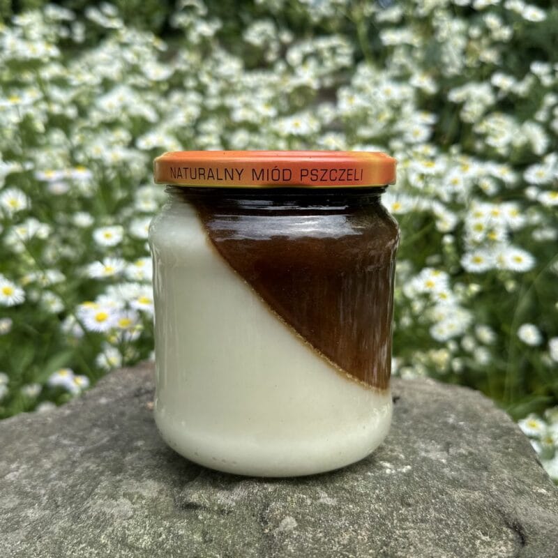 Miód pół na pół 600g – jasny miód rzepakowy i ciemny gryczany w jednym słoiku