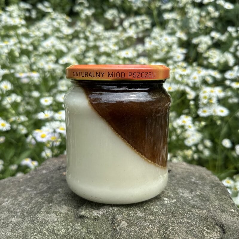 Miód pół na pół 600g – jasny miód rzepakowy i ciemny gryczany w jednym słoiku
