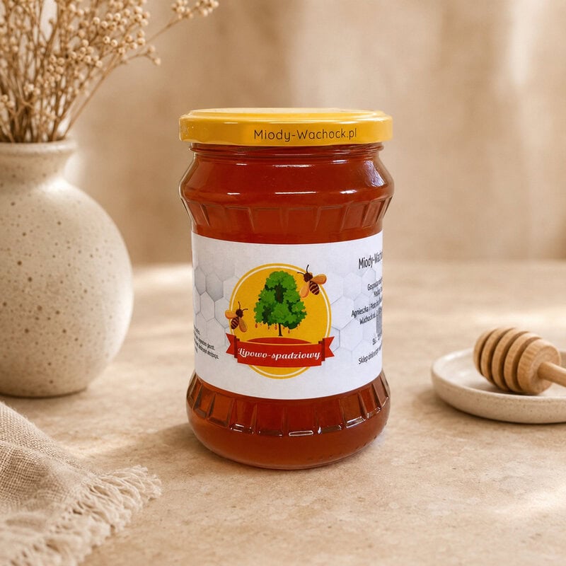 Naturalny miód lipowo-spadziowy o bursztynowej barwie w słoiku 600 g