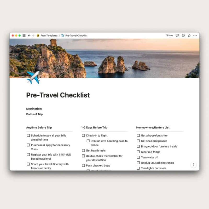 notion pre-travel checklist
