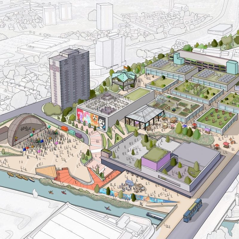 the hand drawn and coloured image shows what the bootle strand shopping centre area could look like once it has been delivered it shows people kayaking on the canal whilst a concert is happening to the left with lots of people dancing a beatles mural adorns a building wall, roof tops have been animated with green gardens and allotments some of the roofs have solar panels on them too, whilst the pavilion sits in the town square and a market is happening with people walking around