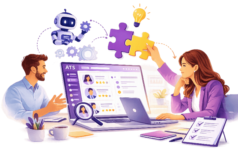 Logiciel de recrutement ATS et recruteur collaborant pour analyser les candidatures et améliorer le recrutement