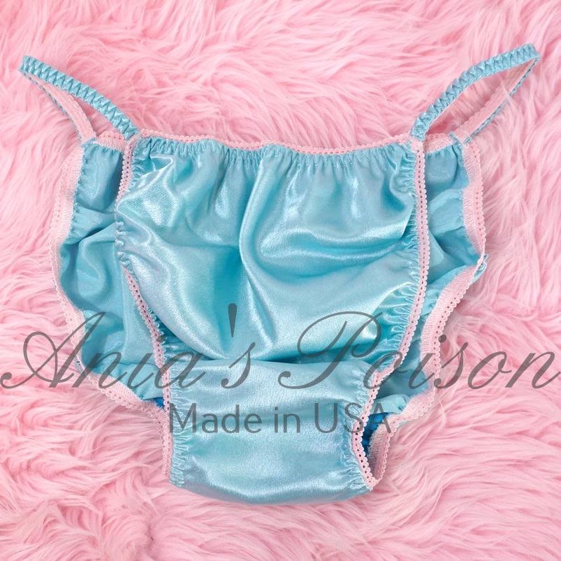 Ania's Sissy Satin string bikini Ultra shine Blue wetlook men's panties sz XXL