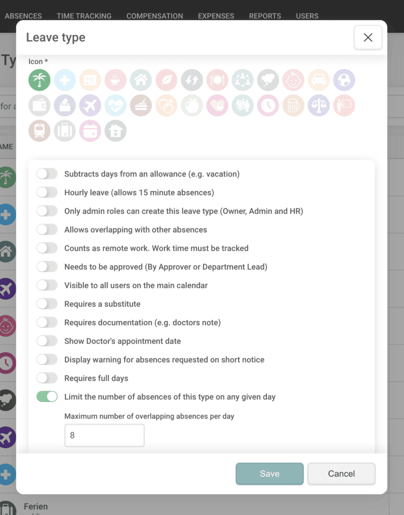 The image shows the application of our new feature to assign quotas to specific leave types. Here, the number of bookable vacations at a given time is limited to 8.