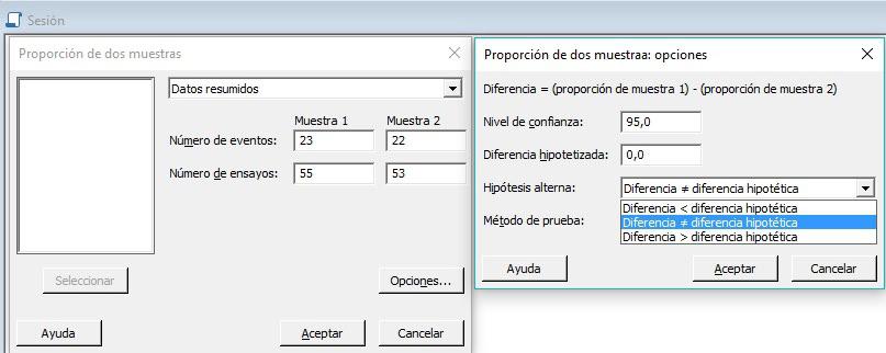Contraste de % en Minitab