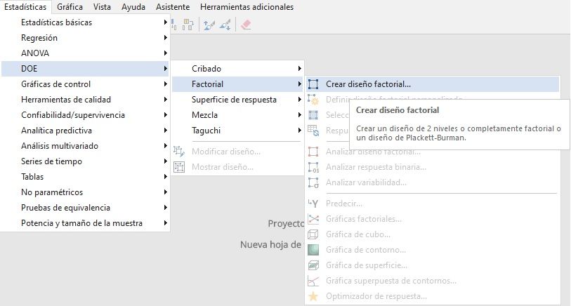 Menú de comandos de DOE Factorial en Minitab