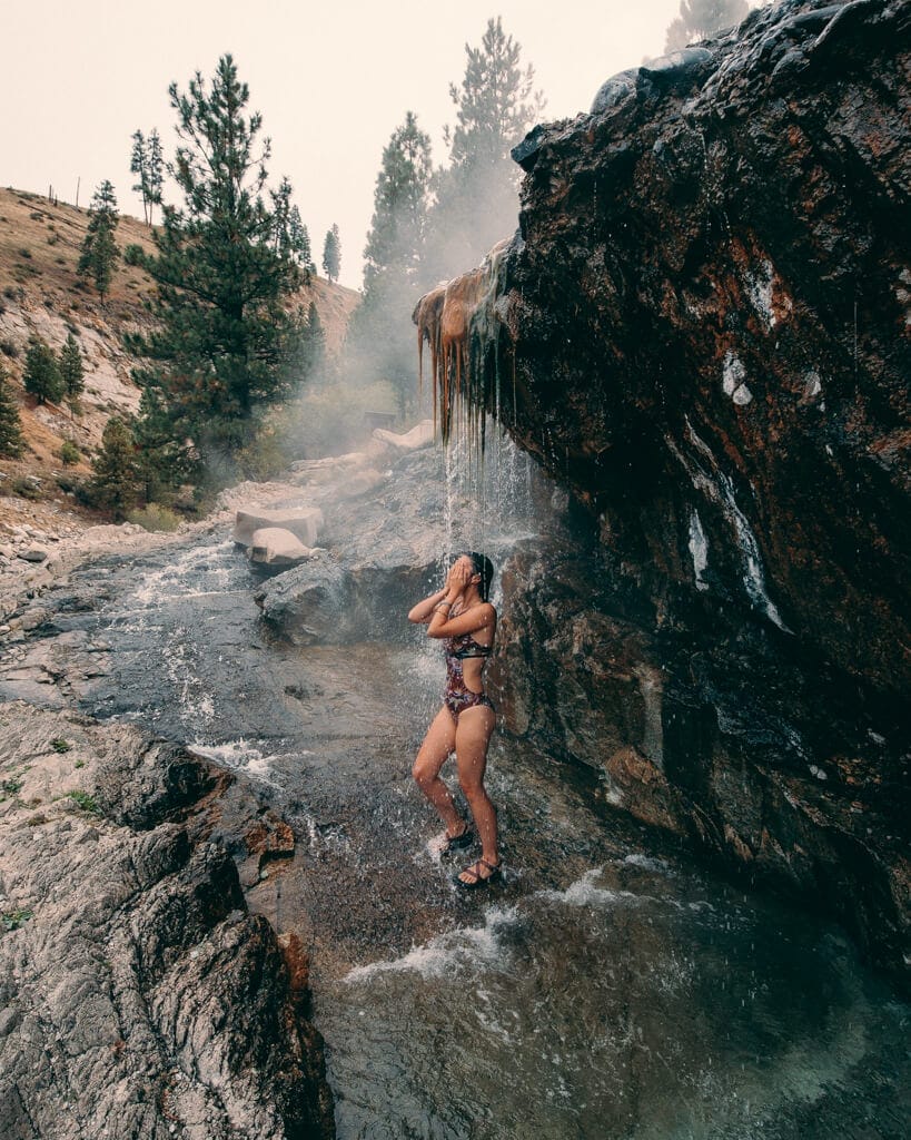 girl soaking in Kirkham hot springs idaho
