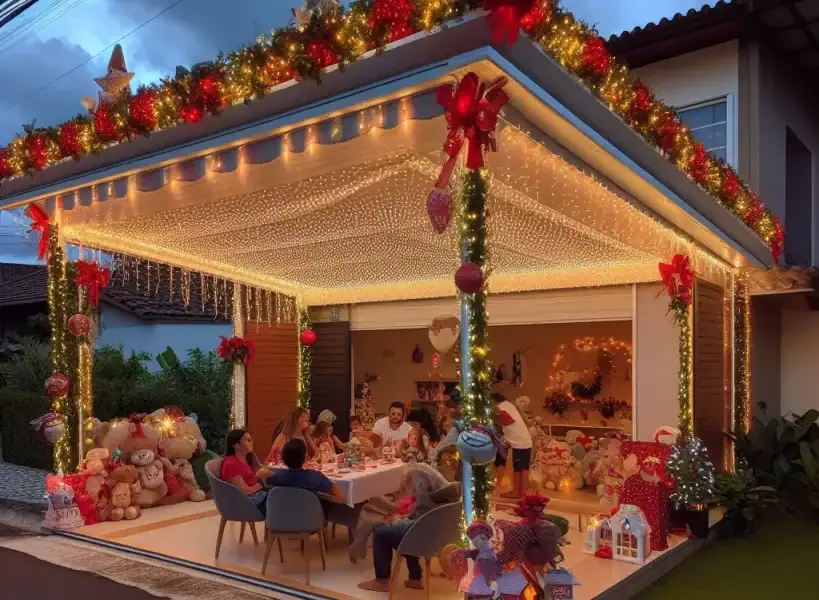 Um toldo iluminado com luzes de Natal, com uma família reunida em volta
