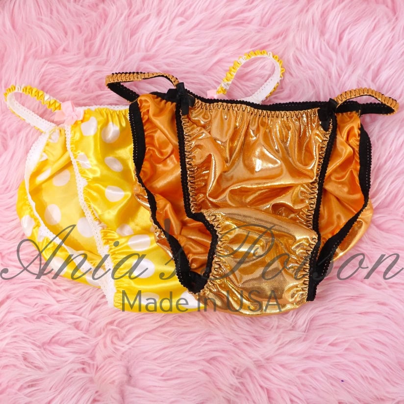 Ania's Sissy Satin string bikini 2 Piece LOT Yellow Polka Dot and Orange Foil shiny men's panties sz M