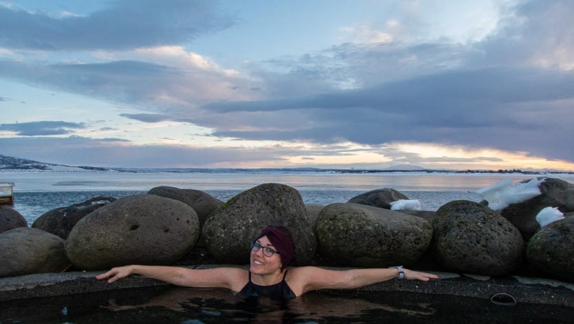 brooke at  laugarvatn fontana geothermal baths with lake views