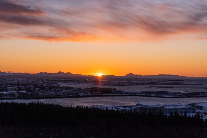 Sunset from atop the Perlan Museum in Reykjavik Iceland