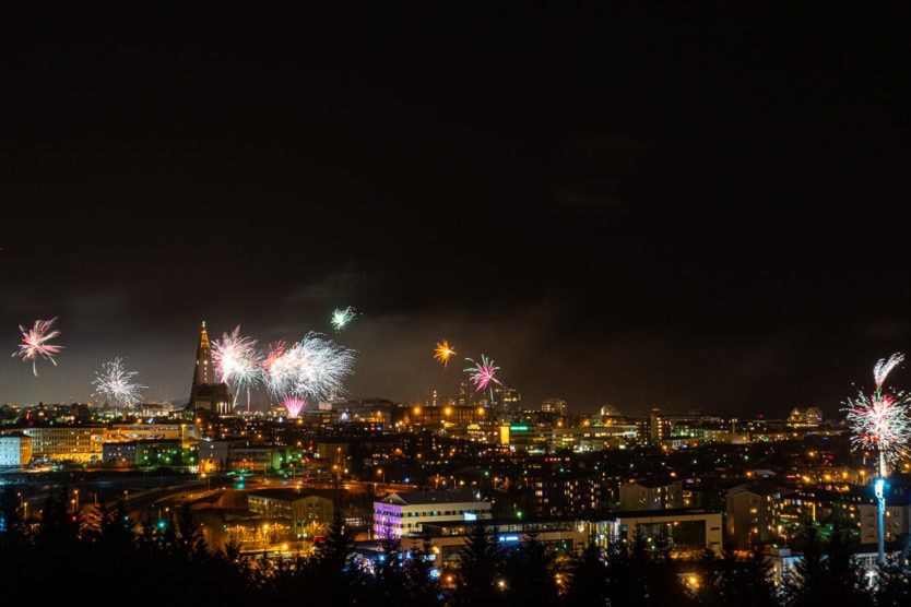 iceland new year views from perlan reykjavik fireworks viewing with downtown views of Hallgrímskirkja 