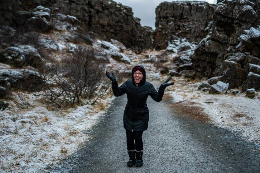 excited on trail in thingvellir national park iceland