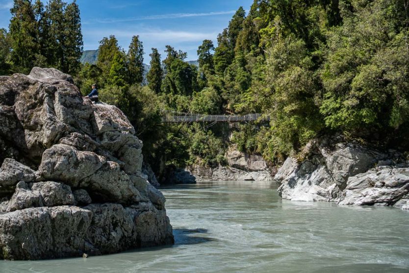 Hokitika Gorge when the water was not turquoise due to lack of rock flour in the water due the heavy rains in the days prior