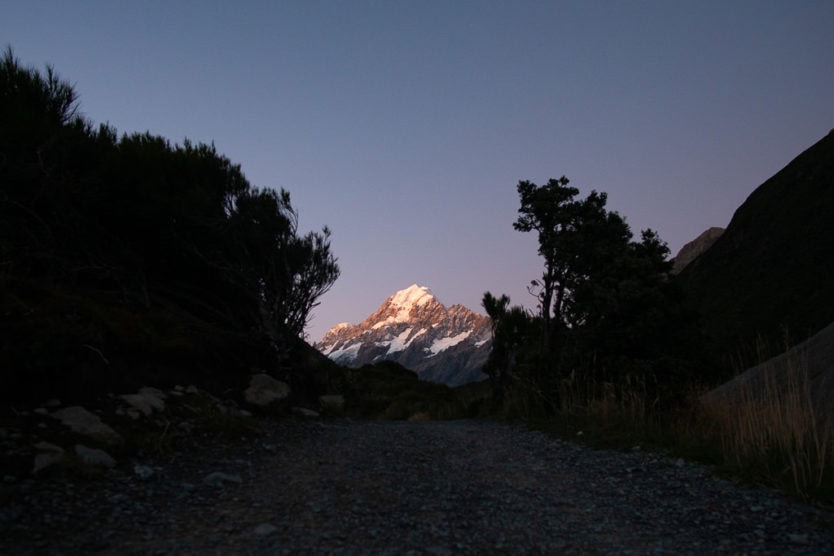 twilight on hooker valley track in mount cook new zealand