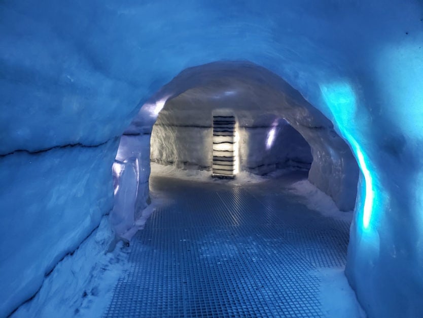 Looking down one of the many tunnels in the perlan museum real indoor ice cave