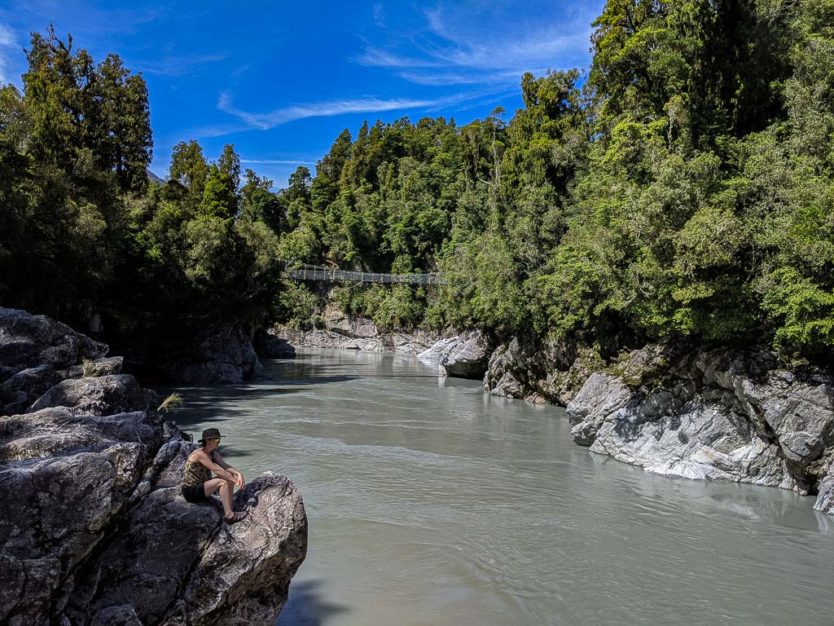 Hokitika Gorge when the water was not turquoise due to lack of rock flour in the water due the heavy rains in the days prior