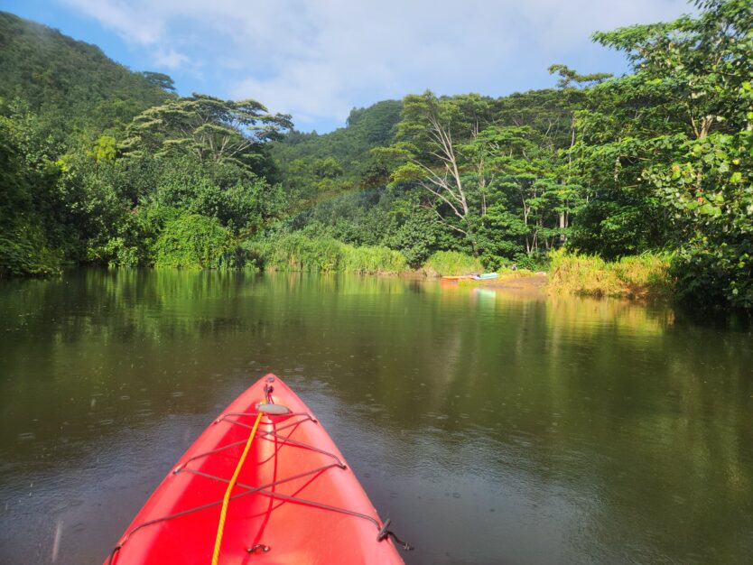 kayak landing on wailua river for secret falls hike in kauai hawaii