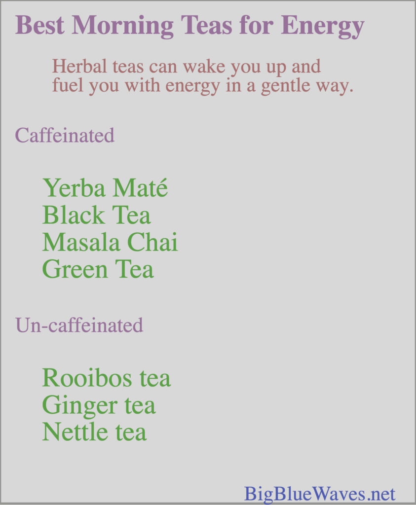 List of all the best morning teas discussed in this article - The text reads "Best Morning Teas for Energy. Herbal teas can wake you up and fuel you with energy in a gentle way.Caffeinated:Yerba Mate,Black Tea, Masala Chai, Green Tea. Non-Caffeinated: Rooibos Tea, Ginger Tea, Nettle Tea. BigBlueWaves.net"