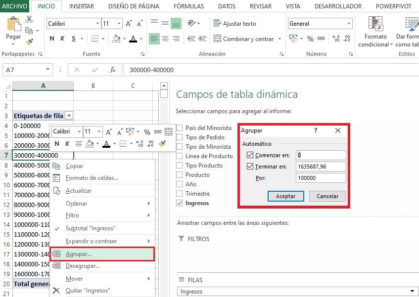 Agrupar una variable numérica por intervalos en una tabla dinámica