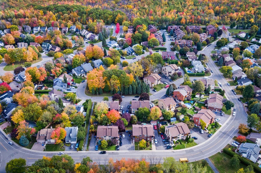 Aerial View of Residential Neighbourhood in Montreal During Autu