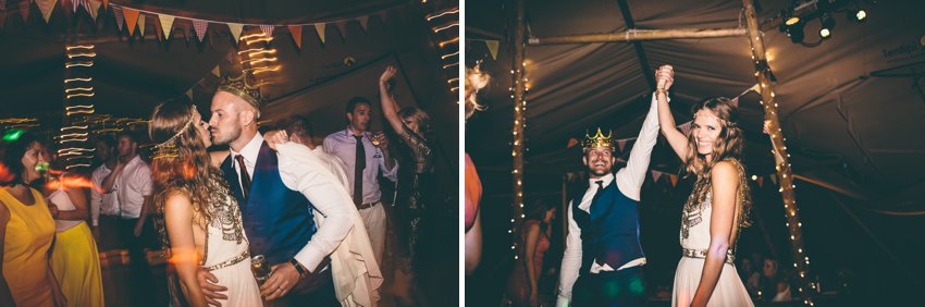 Bride and groom dancing and drinking