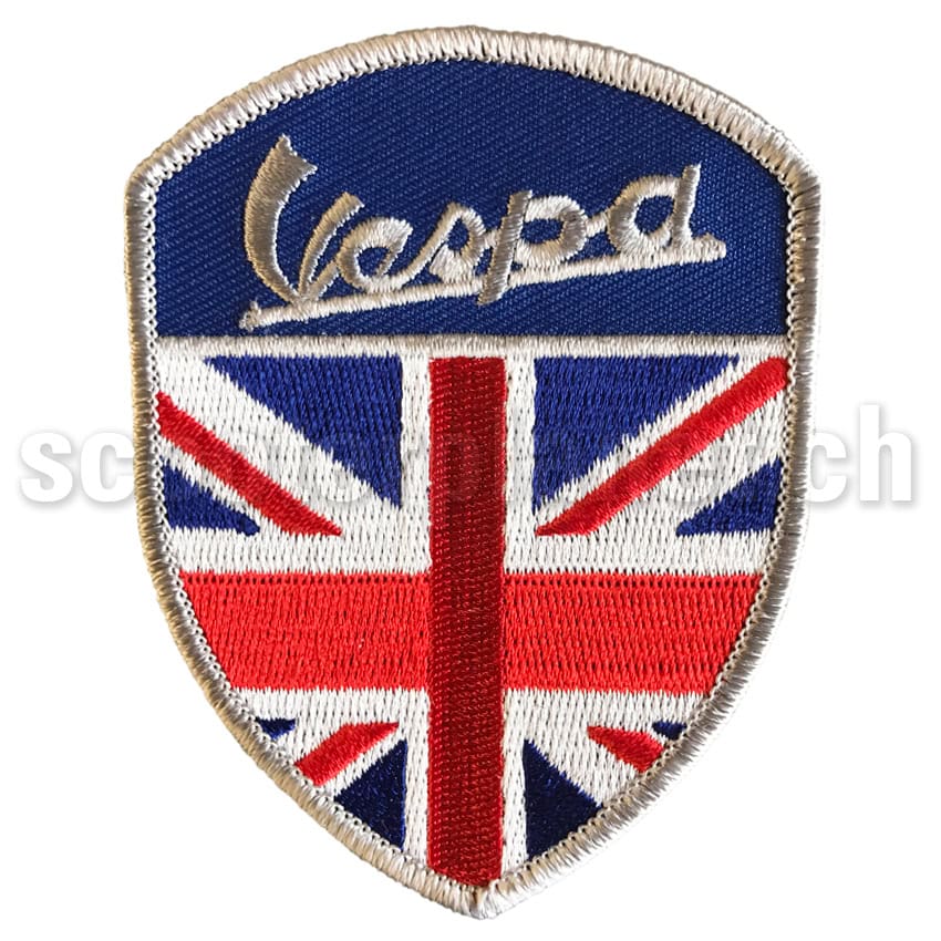 SCOOTERPRODUCTS - Aufnäher Wappen Vespa Schriftzug und Union Jack