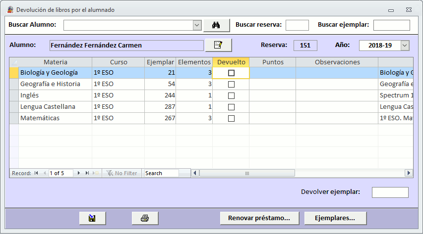Devolución de libros por el alumnado