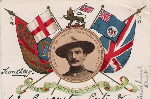 Picture: postcard celebrating Robert Baden-Powell 1900, believed to be in the public domain as the work was published before January 1, 1923 and it is anonymous or pseudonymous due to unknown authorship. Sourced from Wikipedia Commons