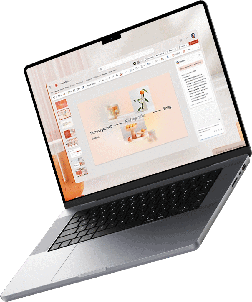 PowerPoint: laptop z otwartym interfejsem PowerPoint i pastelowym szablonem slajdu PowerPoint: laptop z otwartym interfejsem PowerPoint i pastelowym szablonem slajdu