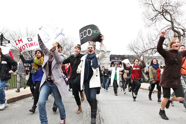 Picture: McGill student vote mob 2011 by Adam Scatti. Retrieved from Flickr and reproduced unfer a Creative Commons Attribution-NonCommercial-ShareAlike 2.0 Generic (CC BY-NC-SA 2.0) licence.