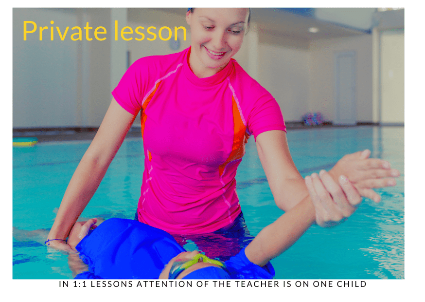 1:1 swim lessons, a teacher in swimming pool teaching a child to swim back stroke.