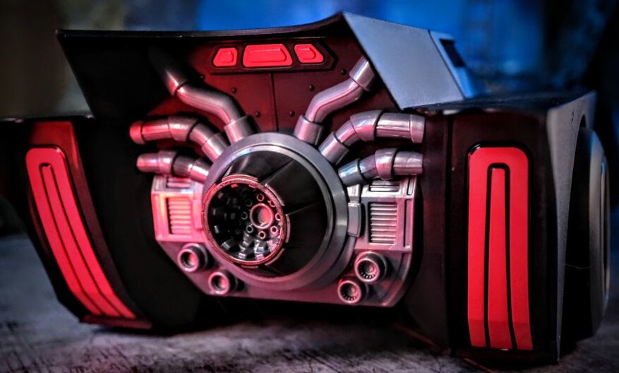 Back of the DC Multiverse Rebirth Batmobile showing turbine and rear lights