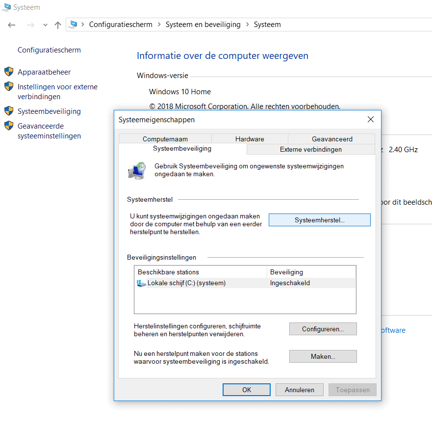 Systeemherstel in Windows 10 openen.