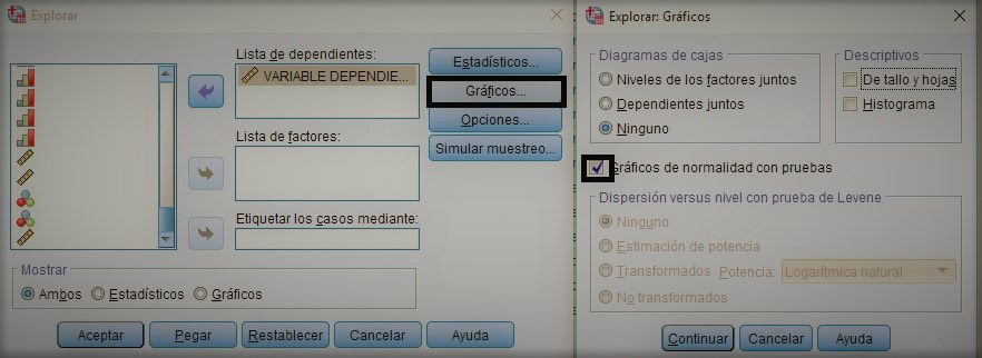 Menú de comando prueba de normalidad en SPSS