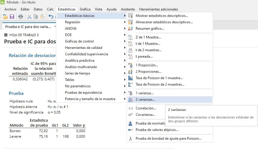 Homogeneidad de varianzas en Minitab
